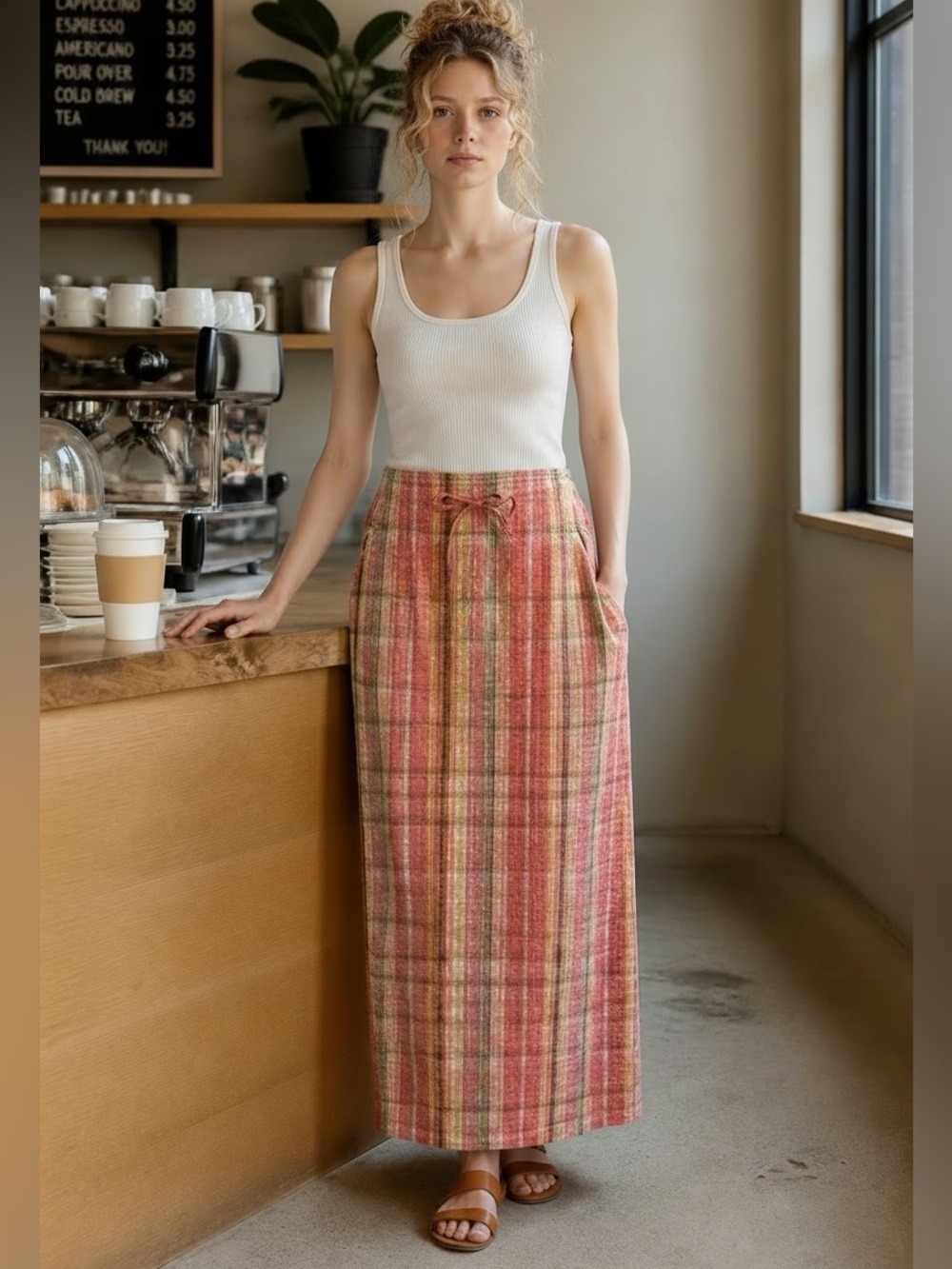 VTG J PETERMAN 90s PINK & OLIVE GREEN PLAID SEERSUCKER PENCIL MIDI SKIRT SZ 12